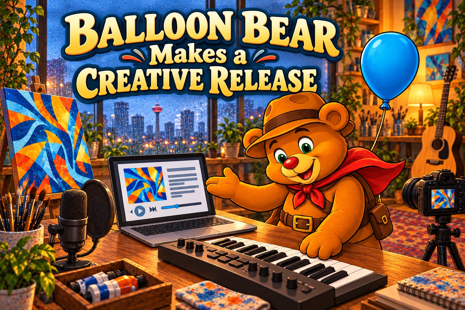 Balloon Bear Makes a Creative Release cover: Balloon Bear with artwork, a keyboard, a microphone and a video camera in a creative studio.
